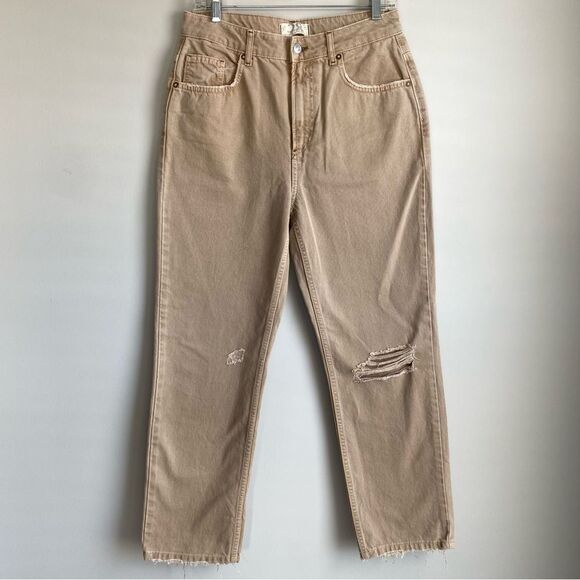 Free People We The Free Dakota Straight Leg Jeans Tan Distressed Denim - Picture 1 of 8